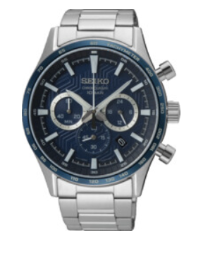 SEIKO HEREN POLSHORLOGE QUARTZ CHRONOGRAPH.
Edelstalen kast 43 mm met  edelstalen band met vouwsluiting. Saffier glas. Chronograph functie. 10 ATM waterdicht.
